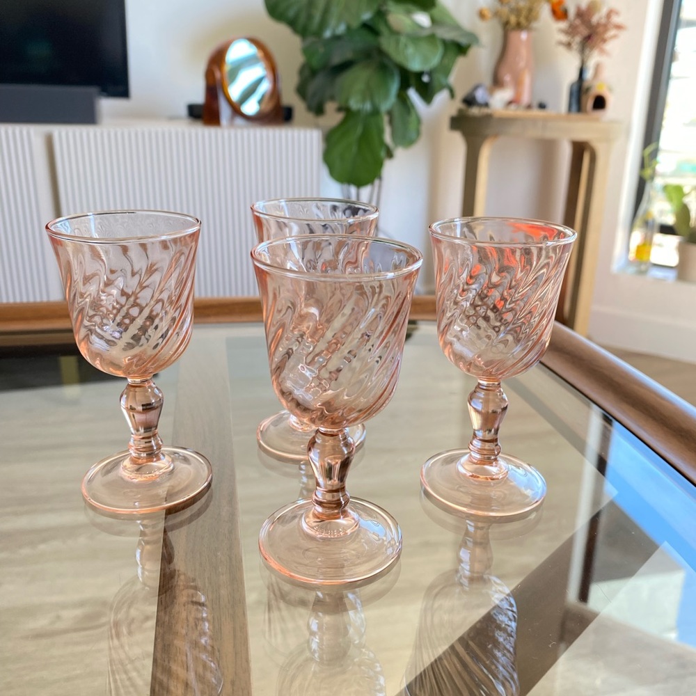 Rosaline Arcoroc France Pink Swirl Glasses, shot glasses, port glasses